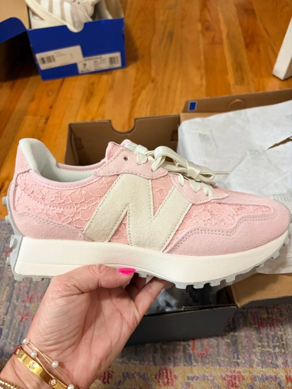 New Balance Women’s Pastel Pink Lace-Overlay Sneakers